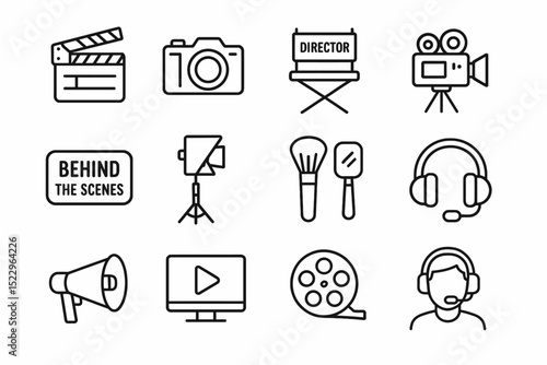 Film and media icons including camera, director's chair, clapperboard, and video equipment