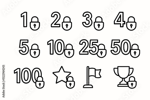 Icons representing locked numerical levels and achievements with star, flag, and trophy symbols