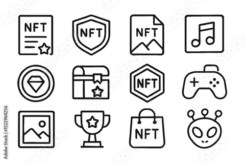 Nft icons set featuring digital art, music, gaming, and blockchain elements