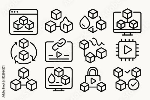 Blockchain and digital technology icons set featuring cubes, links, and security symbols