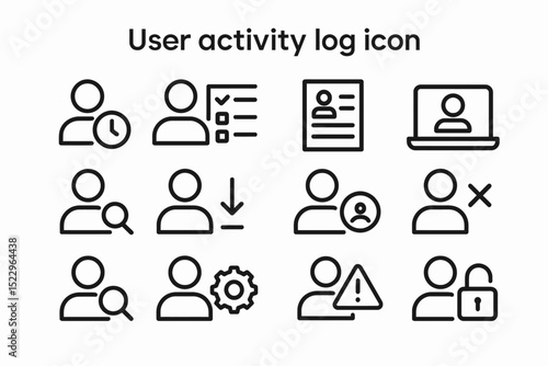 User activity log icon set with profile, security, and alert symbols