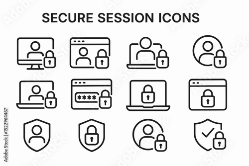 Secure session icons: user profiles with lock and shield symbols