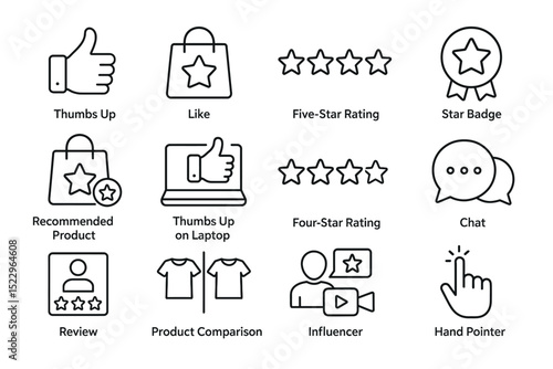 Digital interaction icons: thumbs up, ratings, badges, and chat
