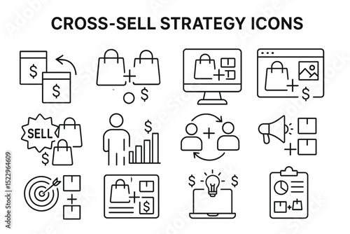 Cross-sell strategy icons collection for marketing and sales enhancement