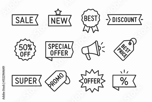 Set of black line icons: sale, new, best, discount, special offers, promo tags