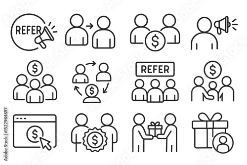 Referral program icon set: marketing, rewards, and networking symbols
