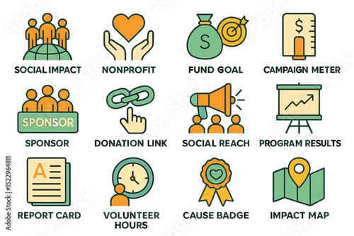 Colorful charity icons representing social impact and nonprofit activities