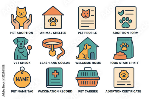 Pet adoption icons: vet check, animal shelter, leash, certificate, pet carrier