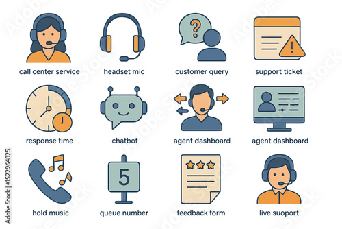 Call center service icons including customer support and feedback elements
