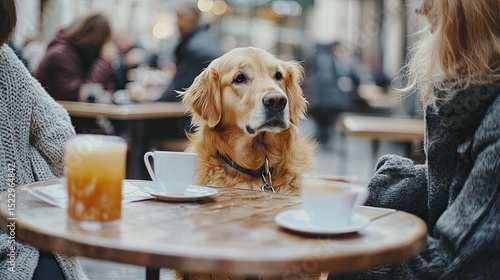 Golden retriever dog sits at outdoor cafe table with people.