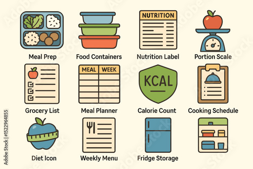 Meal prep and nutrition icons featuring meal planner, nutrition label, portion scale, calorie count
