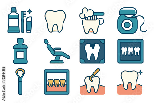 Dental care icons: toothbrush, toothpaste, floss, oral hygiene essentials