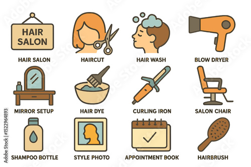 Hair salon icons: tools for haircut, styling, coloring, and care