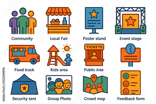 Illustrated elements of a community fair: food, activities, and information