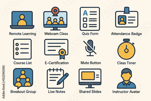 Online learning icons: remote classes, quizzes, and certifications
