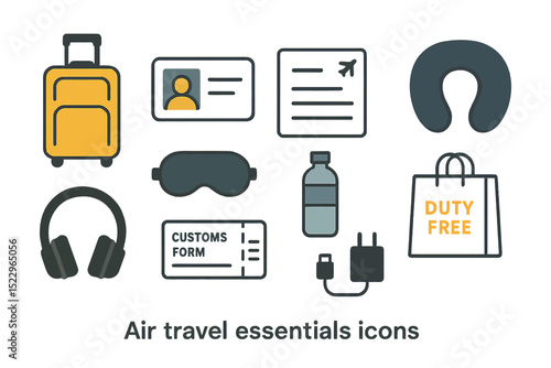 Air travel essentials: icons of luggage, passport, flight ticket, and travel accessories