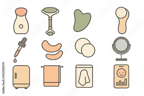 Skincare routine essentials: roller, gua sha, mirror, towel, and facial tools