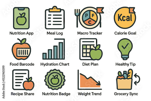 Digital nutrition and fitness icons for health tracking apps and diet planning