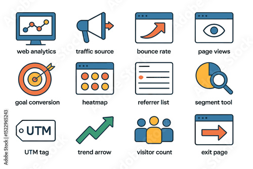 Digital marketing icons: web analytics, traffic source, heatmap, bounce rate, utm tag