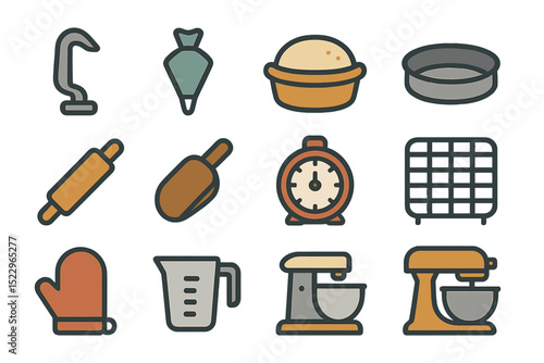 Baking tools collection: mixer, timer, rolling pin, baking sheet, measuring cup