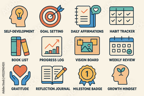 Icons of personal growth: goal setting, habit tracking, mindset and journaling tools