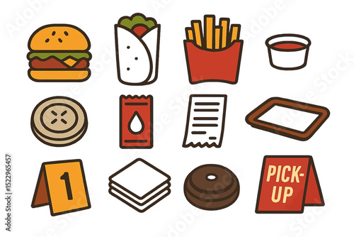 Fast food icons featuring burger, wrap, fries, and condiments on yellow background