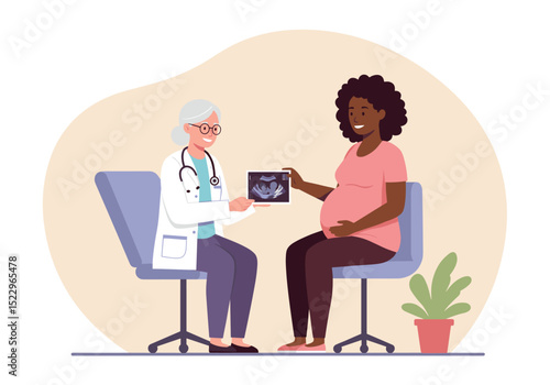 Flat vector of a pregnant woman sitting with a female doctor holding ultrasound result.