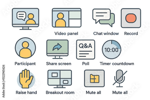 Virtual meeting icons: video panel, chat, poll, timer, and more features