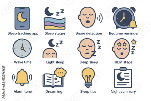 Sleep tracking icons: app, stages, snore, reminder, alarm, dream, tips, summary