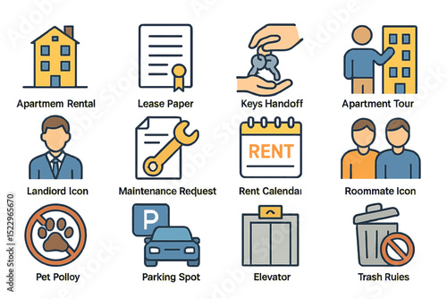 Apartment icons: rental, lease, maintenance, keys handoff, roommates, parking, pet policy