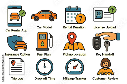 Car rental app interface with icons for booking and customer review process