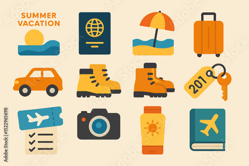 Summer vacation icons: travel essentials and adventure symbols for your next getaway