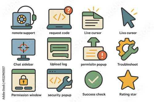 Colorful icons for software support and troubleshooting in modern interface