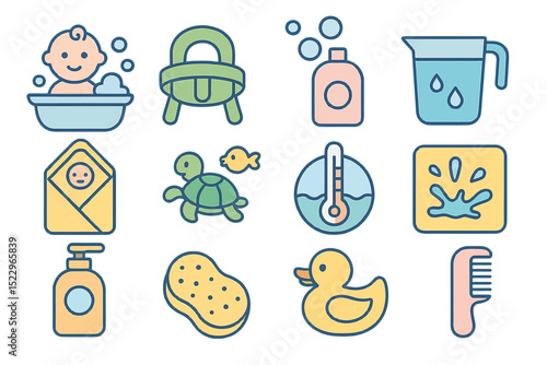 Baby bath time icons set featuring bathtub, rubber duck, and thermometer