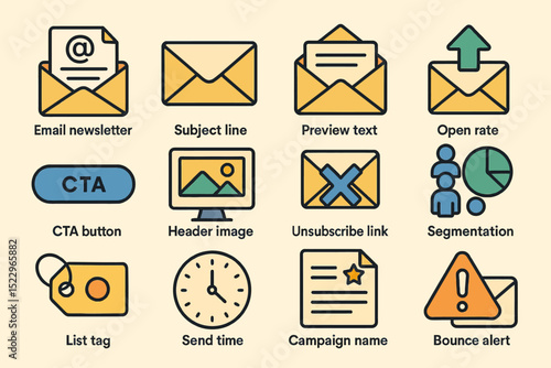 Email marketing elements: newsletter, cta button, segmentation, bounce alert icons