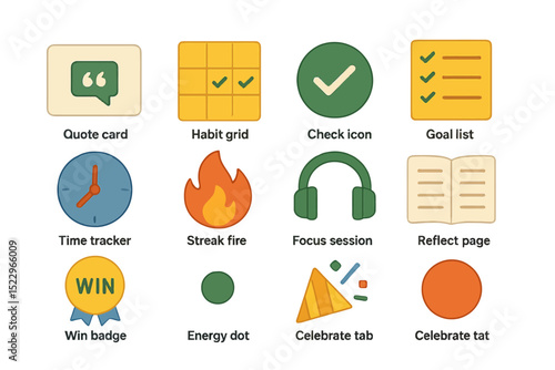 Colorful productivity icons for task management and goal planning