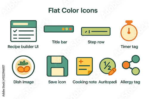 Flat color icons for ui: recipe, timer, allergy, save, notes