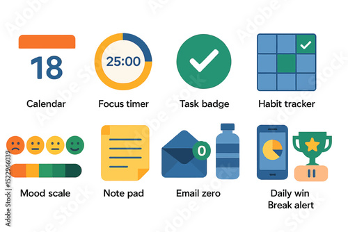 Productivity app icons: calendar, focus timer, task badge, habit tracker, mood scale, note pad, email zero, daily win