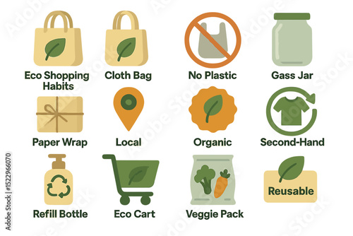 Eco-friendly icons promoting sustainable shopping and lifestyle practices