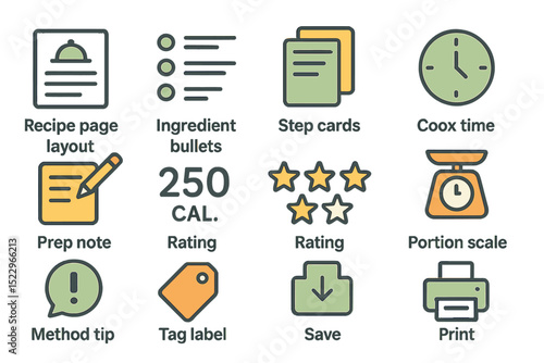 Cooking icons: recipe layout, ingredient bullets, cooking timers, and culinary tools