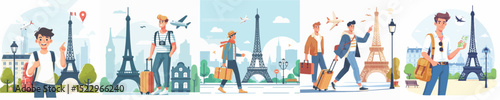 vector of a young man on vacation to paris eiffel tower