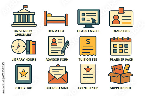 Essential university icons: dorm, class enrollment, campus id, advisor form, library hours