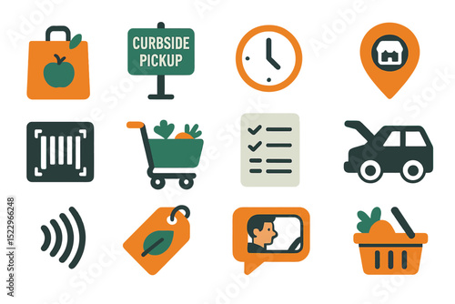 Curbside pickup icons: shopping, delivery, and convenience symbols on orange background