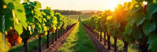 Sun-drenched rows of grape vines stretching to the horizon, lush green foliage heavy with ripening fruit, a picturesque vineyard landscape , vineyard view, vineyard rows