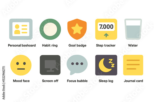 Collection of digital habit tracker and wellness app icons on yellow background