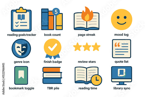 Reading goals tracker icons: book count, page streak, mood log, genre symbols