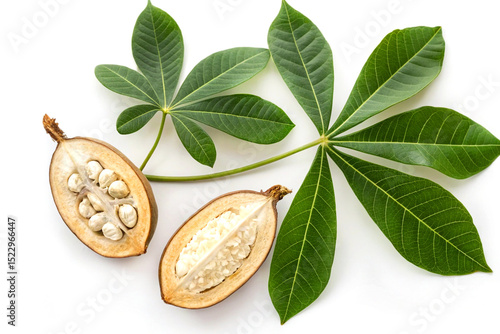 Baobab fruit, seeds, and green leaves isolated on white with clipping path