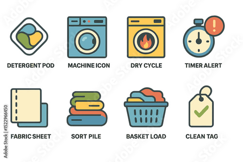 Laundry icons: detergent pod, machine, dry cycle, timer alert, fabric sheet, sort pile, basket load, clean tag