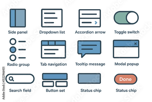User interface icons: toggle, dropdown, modal, tooltip, search bar