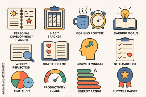 Icons of productivity: habit tracker, morning routine, learning goals, and personal growth